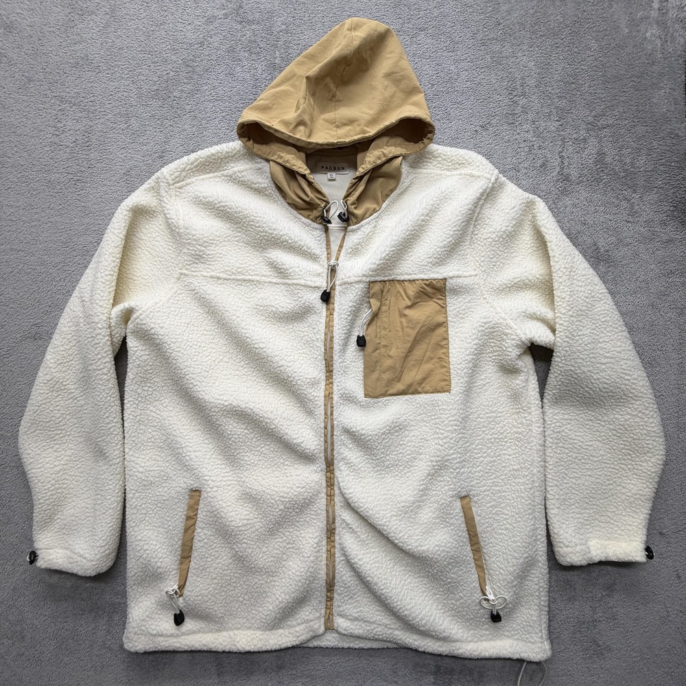 PacSun Jacket Mens XL White Tan Sherpa Fleece Hooded Full Zip Pockets Drawstring
